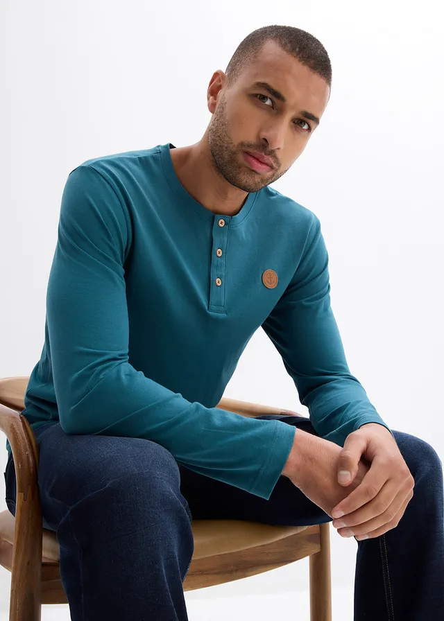 Lot de 2 T-shirts manches longues col tunisien 100% coton • vert poivre + bleu foncé • product-page.page-title-suffix