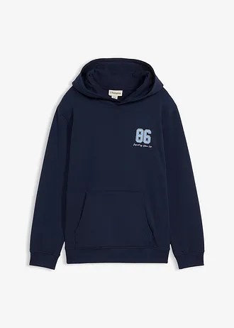 Hoodie van biologisch katoen en een grote print op de rug, loose fit • donkerblauw met print • bonprix online shop