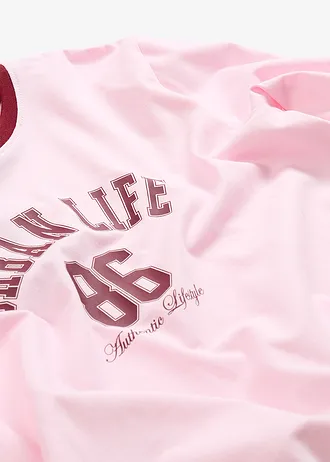 T-shirt manches longues court en coton extensible • rose cristal-rouge rubis imprimé • Boutique bonprix