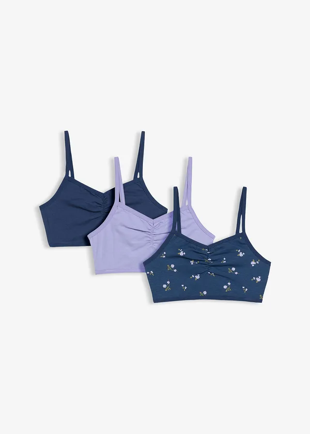 Bralette van zacht biologisch katoen (set van 3) • diepblauw + licht lavendelblauw + diepblauw gebloemd • bonprix online shop