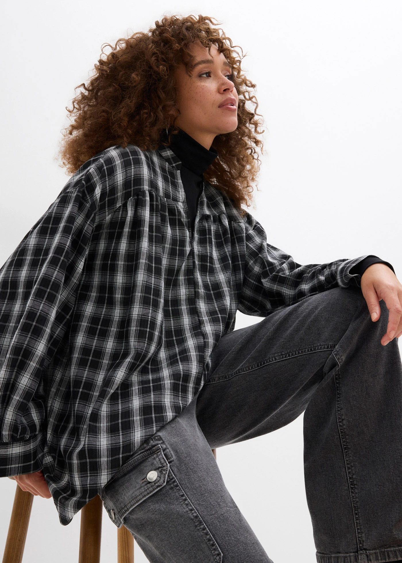 Chemisier long et oversize • noir blanc carreaux • Boutique bonprix