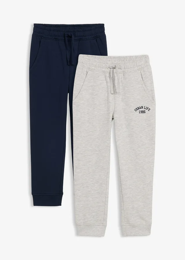 Lot de 2 pantalons de jogging doux en coton mélangé • bleu foncé+gris clair chiné • Boutique bonprix
