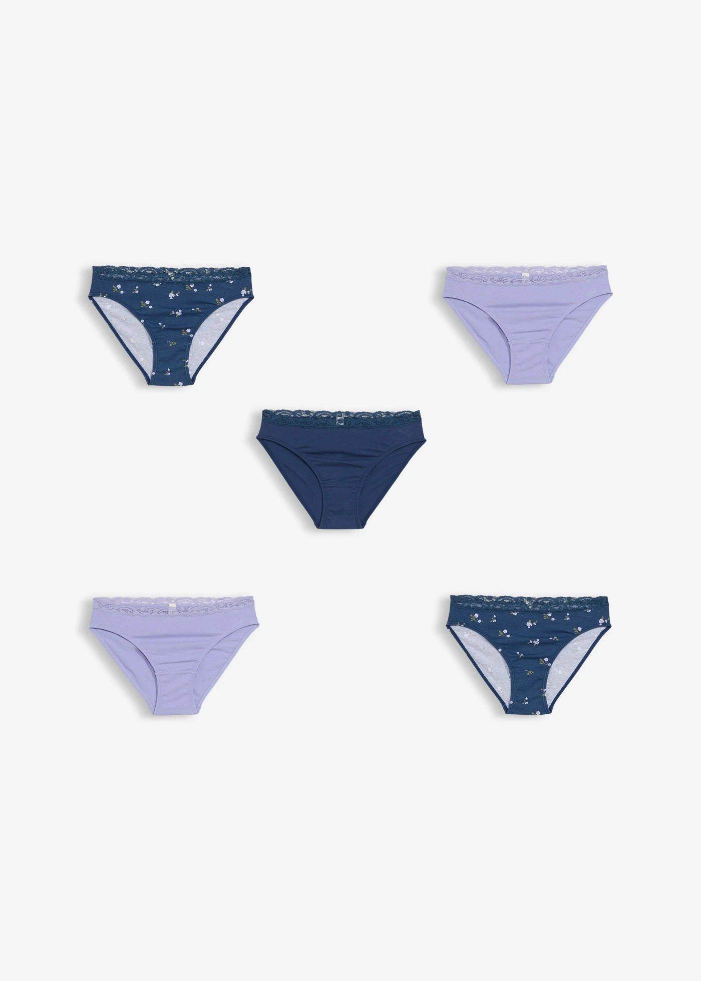 Chilot cu bumbac moale (set/5 buc.) • albastru profund +lavandă deschis+albastru profund floral • magazin bonprix