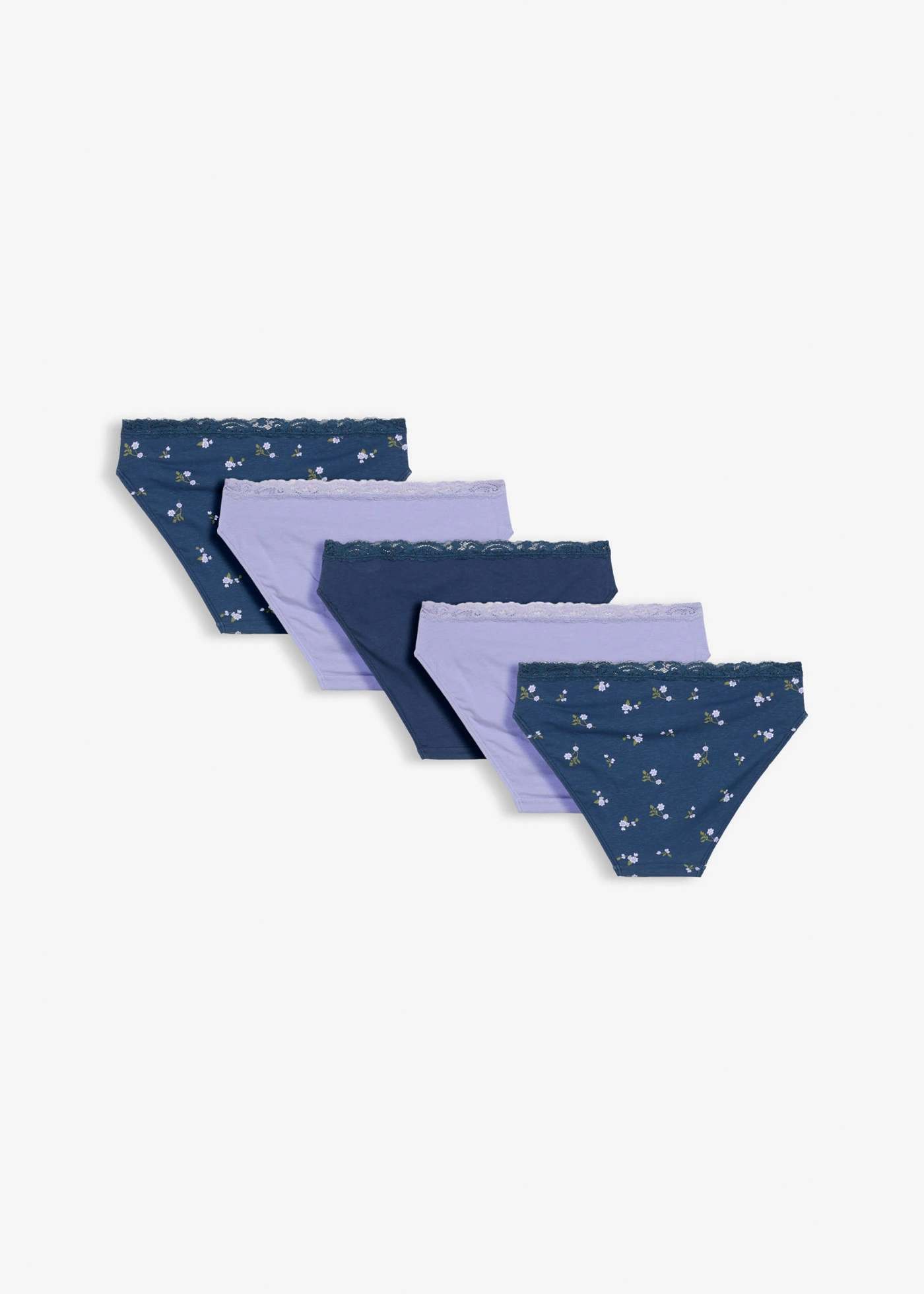 Lot de 5 slips doux • bleu profond + lavande clair + bleu profond floral • Boutique bonprix