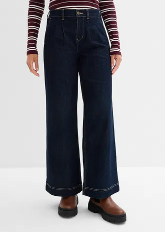 Wide leg jeans met comfortband, high waist, Kleur: donkerblauw denim