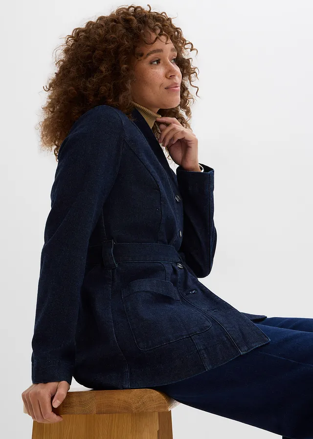 Džínsová bunda s opaskom, s bavlnou • tmavomodrá denim • obchod bonprix