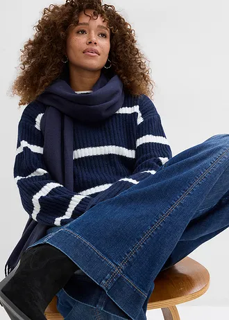 Blugi Wide Leg High Waist, talie comodă, Full Length • bleumarin denim uzat • magazin bonprix