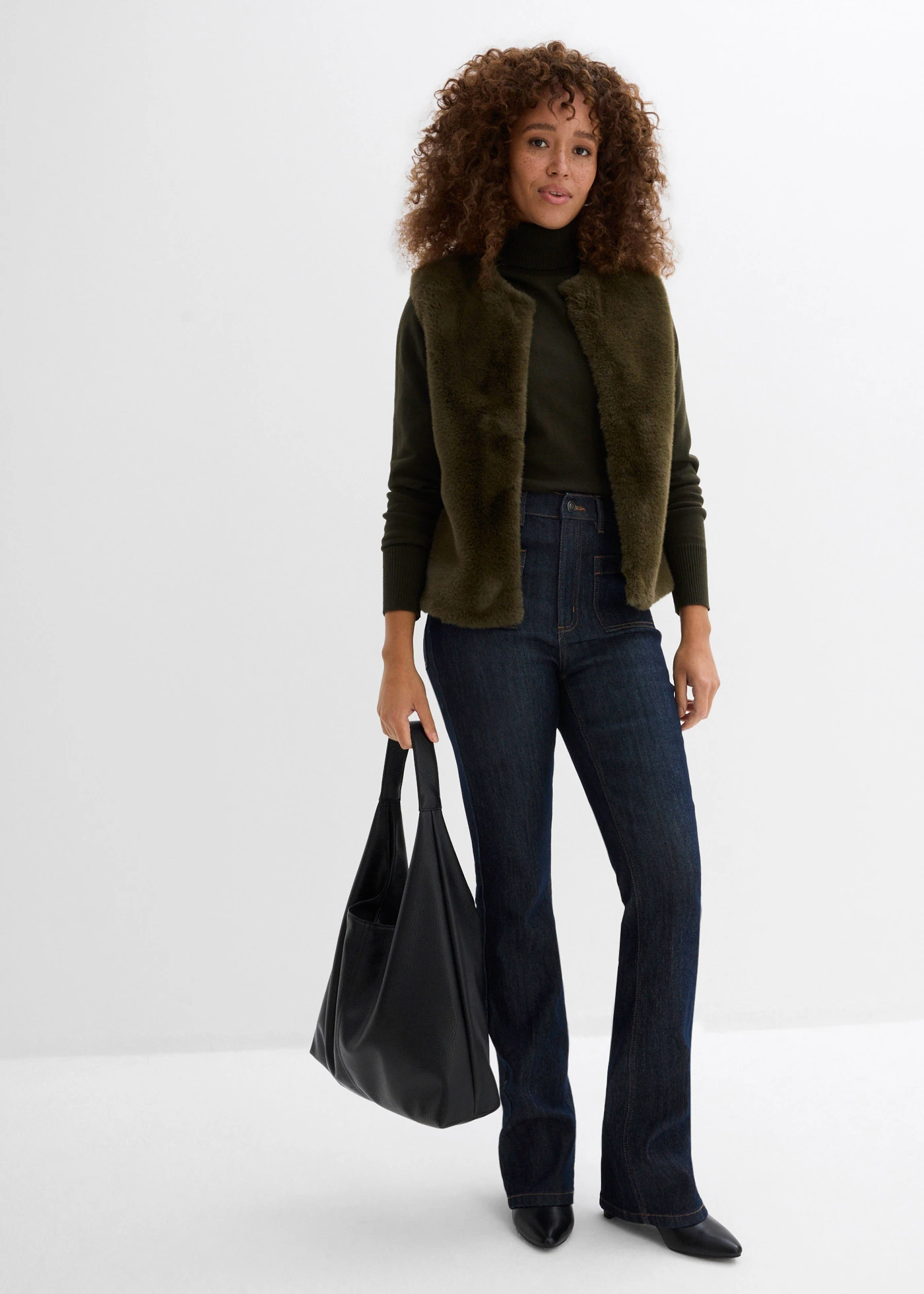 Bootcut-jeans met hoge taille, comfortabele tailleband • diepblauw denim ongewassen • bonprix online shop