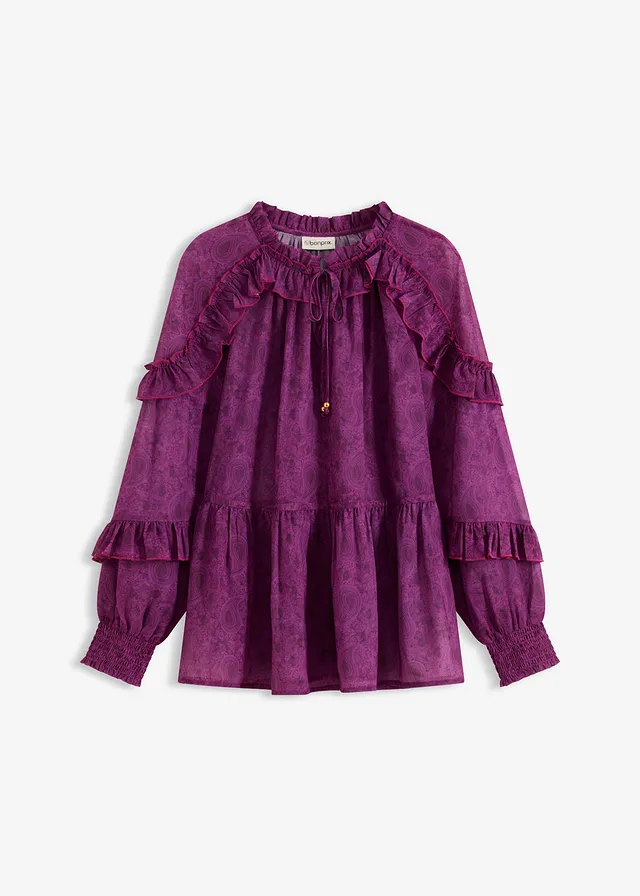 Chiffon blouse met ruches, Kleur: donkerpaars paisley