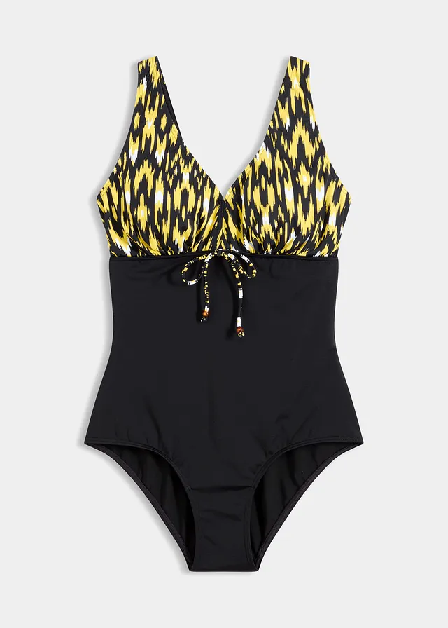 Maillot 1 pièce sculptant à bretelles larges, maintien modéré, Couleur: noir/jaune graphique