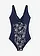 Licht corrigerend badpak met gedessineerd inzetstuk, Kleur: donkerblauw met print