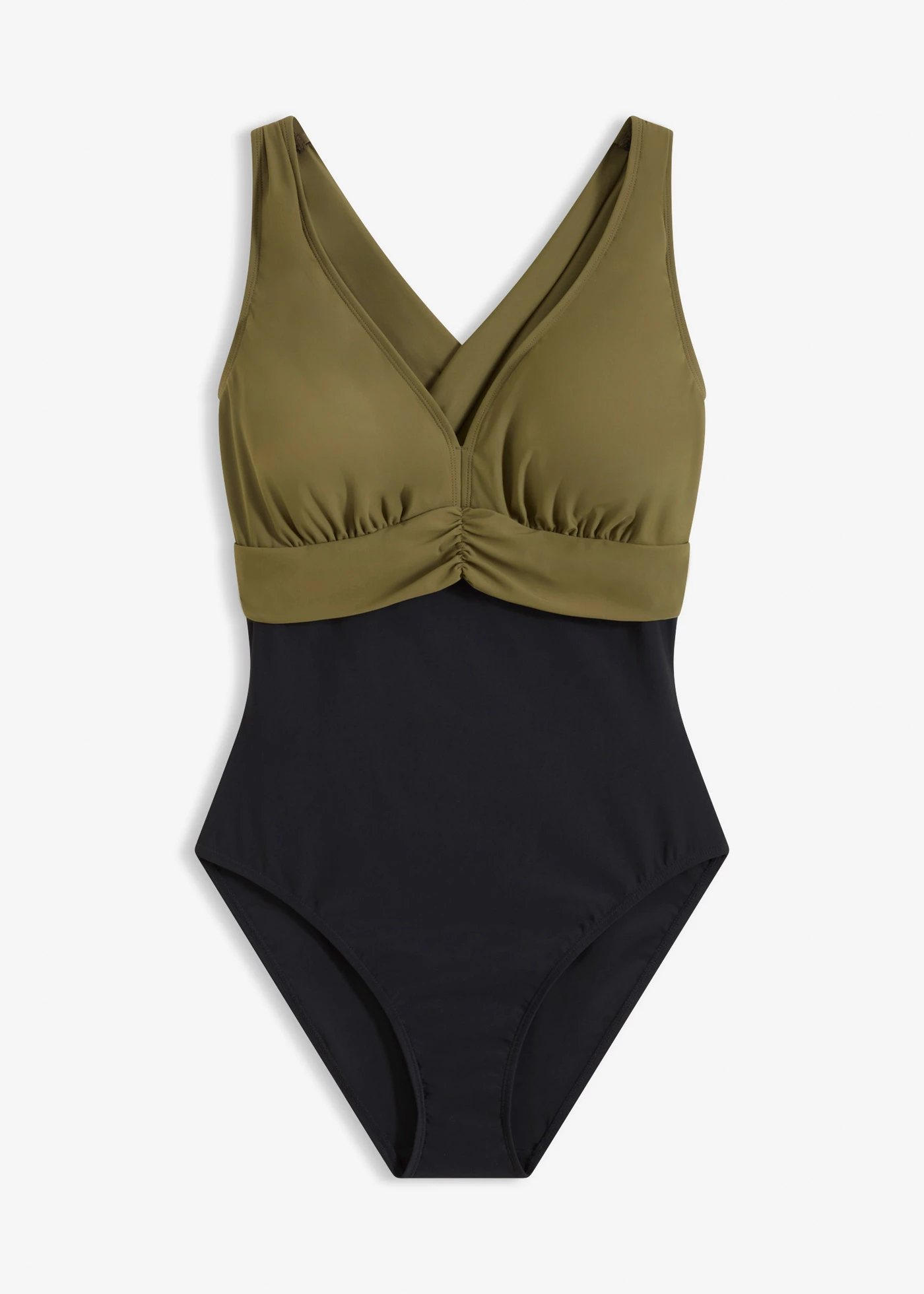 Maillot 1 pièce sculptant, maintien léger, encolure V • noir/olive foncé • Boutique bonprix