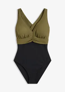 Stahovací jednodílné plavky s výstřihem do V, lehký tvarující efekt, barva: černo-tmavě olivová