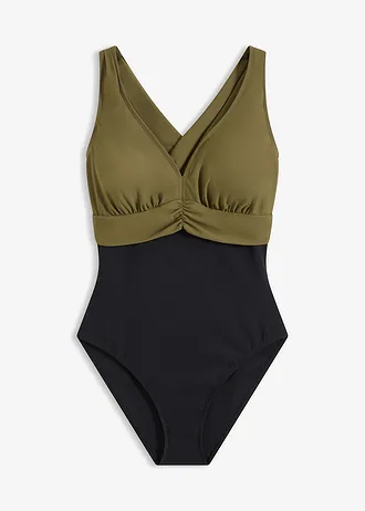 Maillot 1 pièce sculptant, maintien léger, encolure V • noir/olive foncé • Boutique bonprix