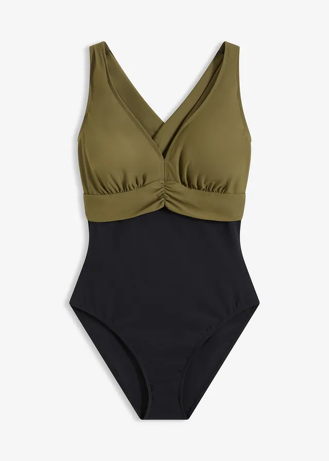 Licht corrigerend badpak met een V-hals • zwart/donkerolijfgroen • bonprix online shop
