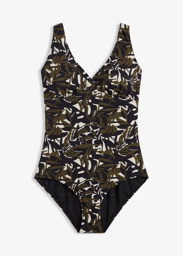Maillot 1 pièce sculptant à col en V, maintien modéré • écru-noir-olive floral • Boutique bonprix
