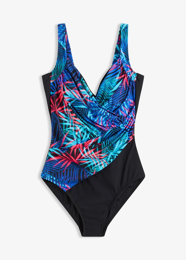 Maillot 1 pièce sculptant croisé, maintien léger, Couleur: noir-bleu-rose vif floral