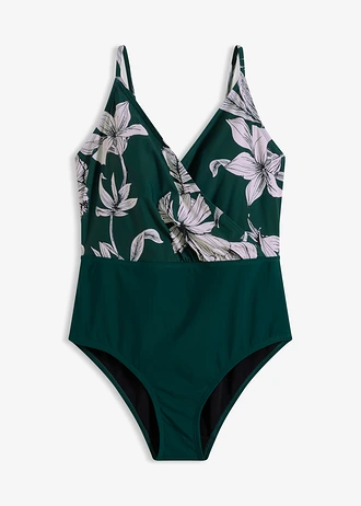 Costum de baie cu decolteu în V, cu efect de modelare ușor • verde profund • magazin bonprix