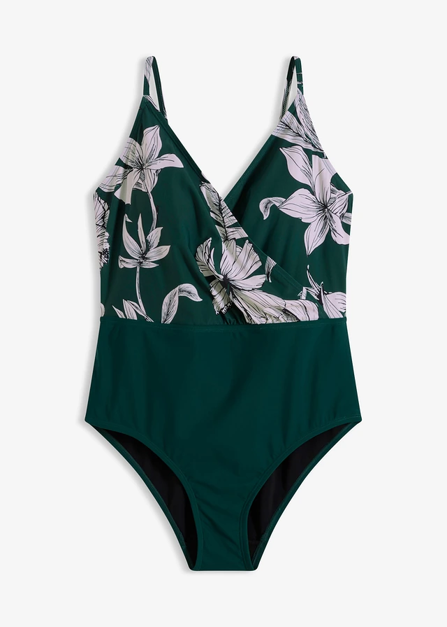 Costum de baie cu decolteu în V, cu efect de modelare ușor • verde profund • magazin bonprix
