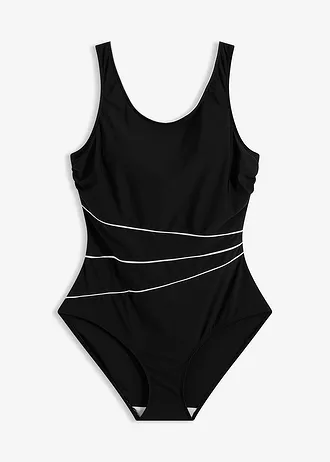 Maillot sculptant avec coutures décoratives, maintien léger, Couleur: noir + blanc