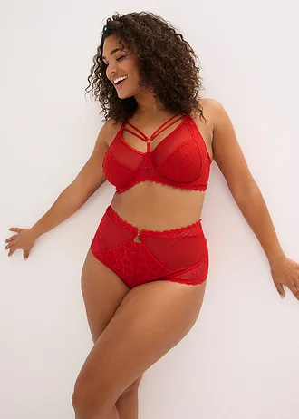 Vysoké bokové kalhotky se srdíčkovou krajkou, barva: červená salsa