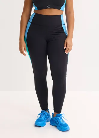 Legging de sport confortable à bande contrastante, séchage rapide, Couleur: noir-émeraude-bleu brillant