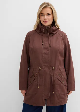 Korte katoenen parka met opstaande kraag, getailleerd, Kleur: bruin