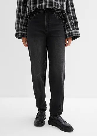 Barrel jeans met high waist en biologisch katoen, Kleur: zwart denim used