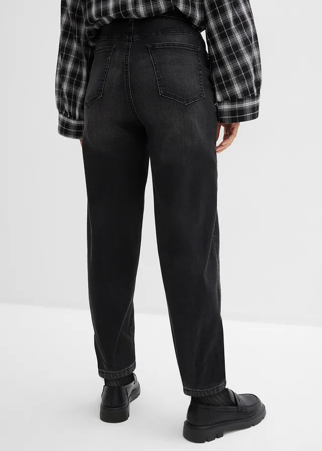 Jean barrel taille haute en coton, Couleur: noir denim used