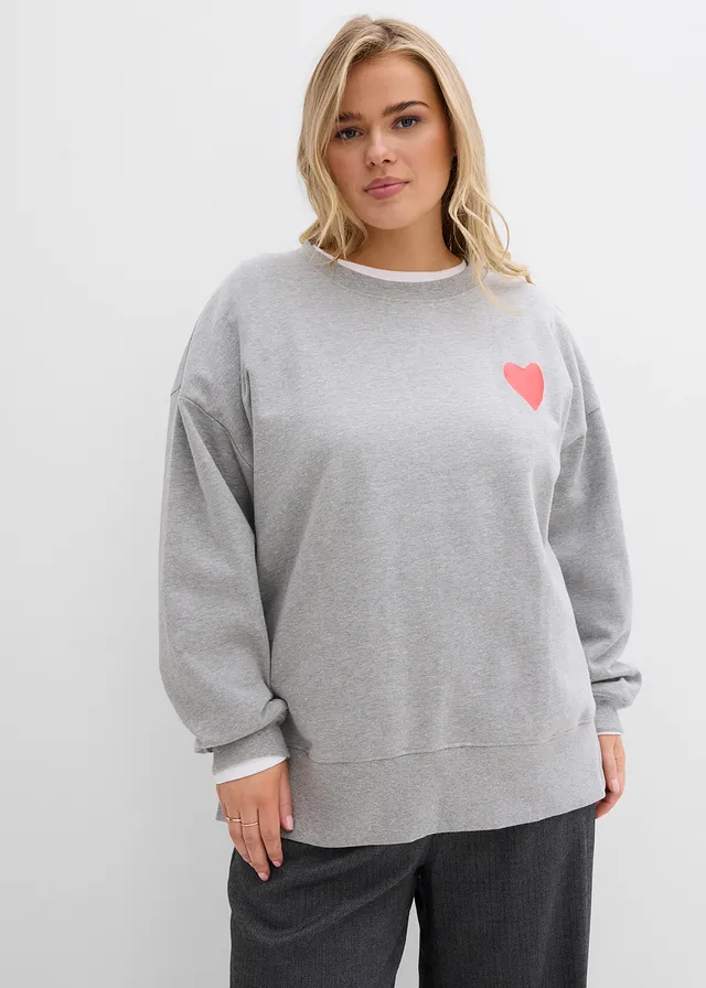 Sweat oversize en coton, Couleur: gris clair chiné-fraise
