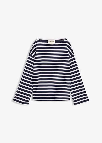 Bluză cu mâneci lungi din bumbac organic 100% • alb/roz-cristal/bleumarin cu dungi • magazin bonprix