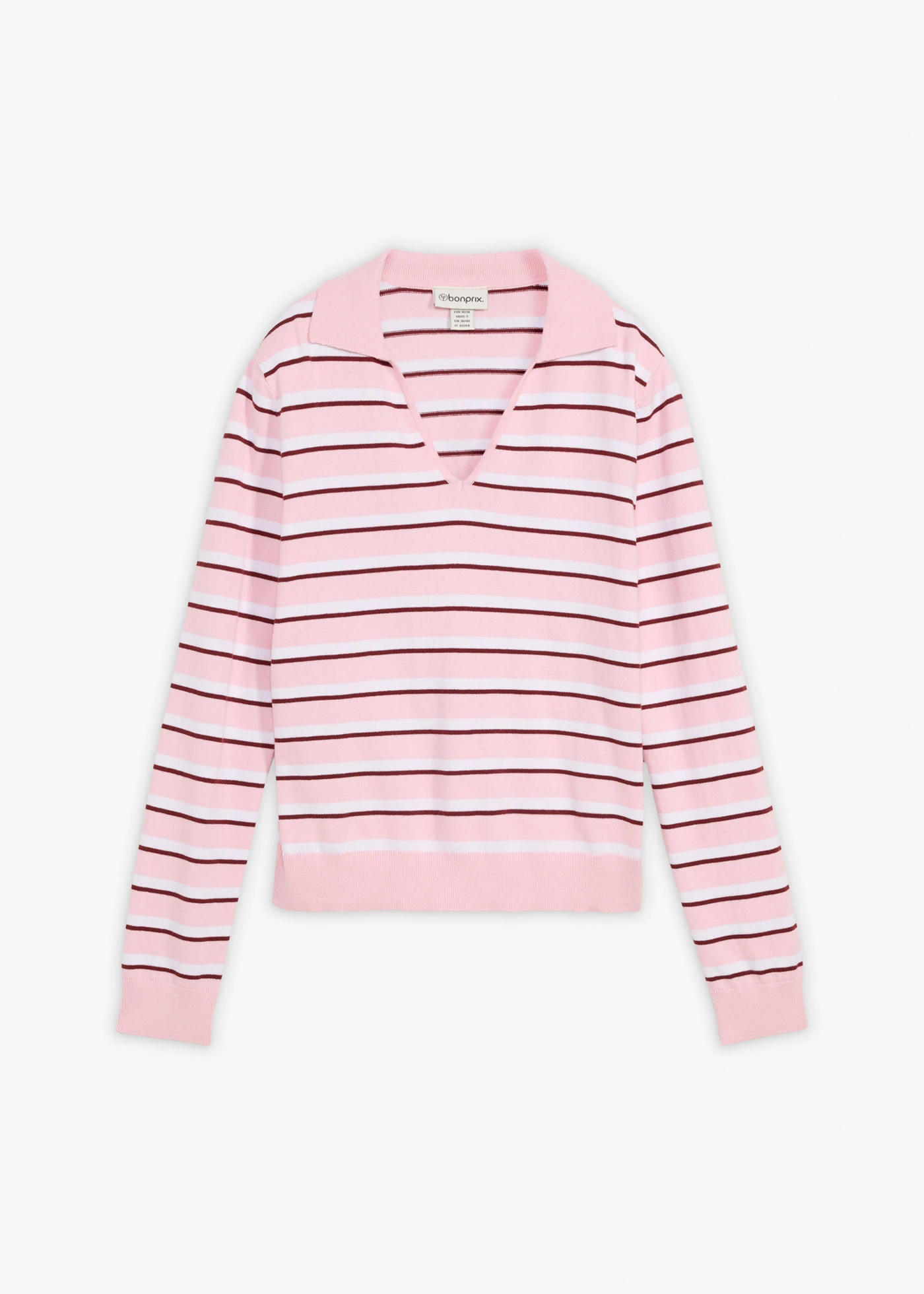 Sweter z kołnierzykiem polo z mieszanki bawełny • biały/jasnoróżowy kryształowy/czerwony rubinowy w paski • sklep bonprix