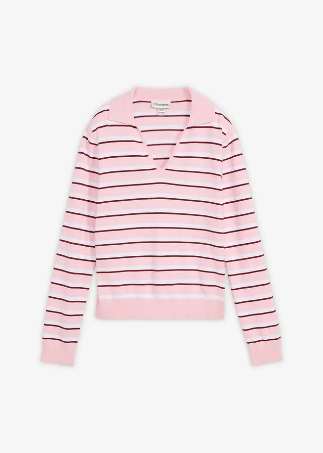 Sweter z kołnierzykiem polo z mieszanki bawełny • biały/jasnoróżowy kryształowy/czerwony rubinowy w paski • sklep bonprix