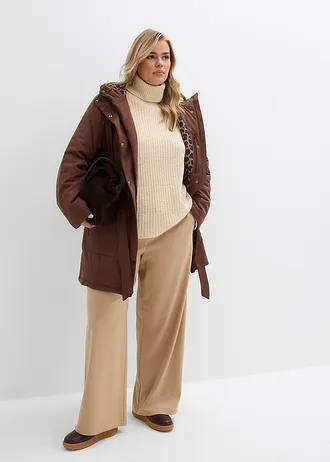 Manteau court déperlant avec ceinture et doublure léopard, Couleur: marron
