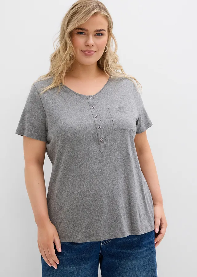 T-shirt met knoopsluiting, Kleur: grijs gemêleerd