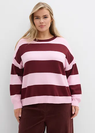 Oversized trui in een zachte viscosemix, Kleur: kristalroze-robijnrood gestreept