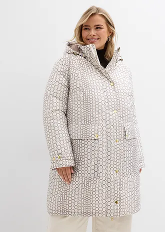 Lange outdoorjas, waterdicht, Kleur: parelwit met print