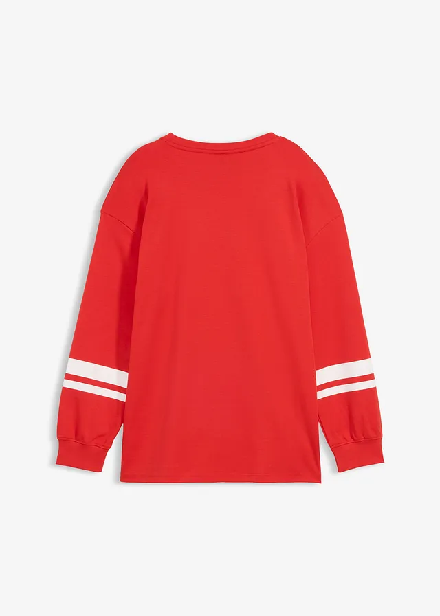 Oversized longsleeve van biologisch katoen, Kleur: aardbeirood-wit met print