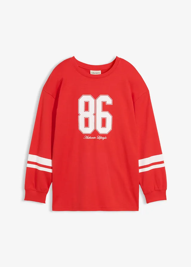 Oversized longsleeve van biologisch katoen, Kleur: aardbeirood-wit met print