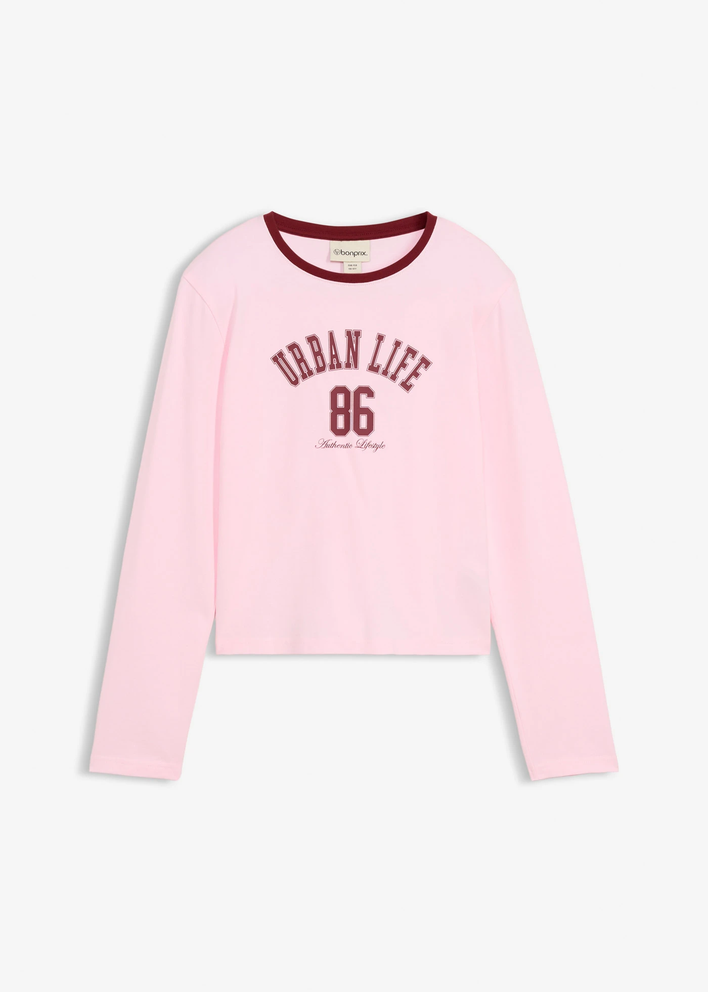 T-shirt manches longues court en coton extensible • rose cristal-rouge rubis imprimé • Boutique bonprix