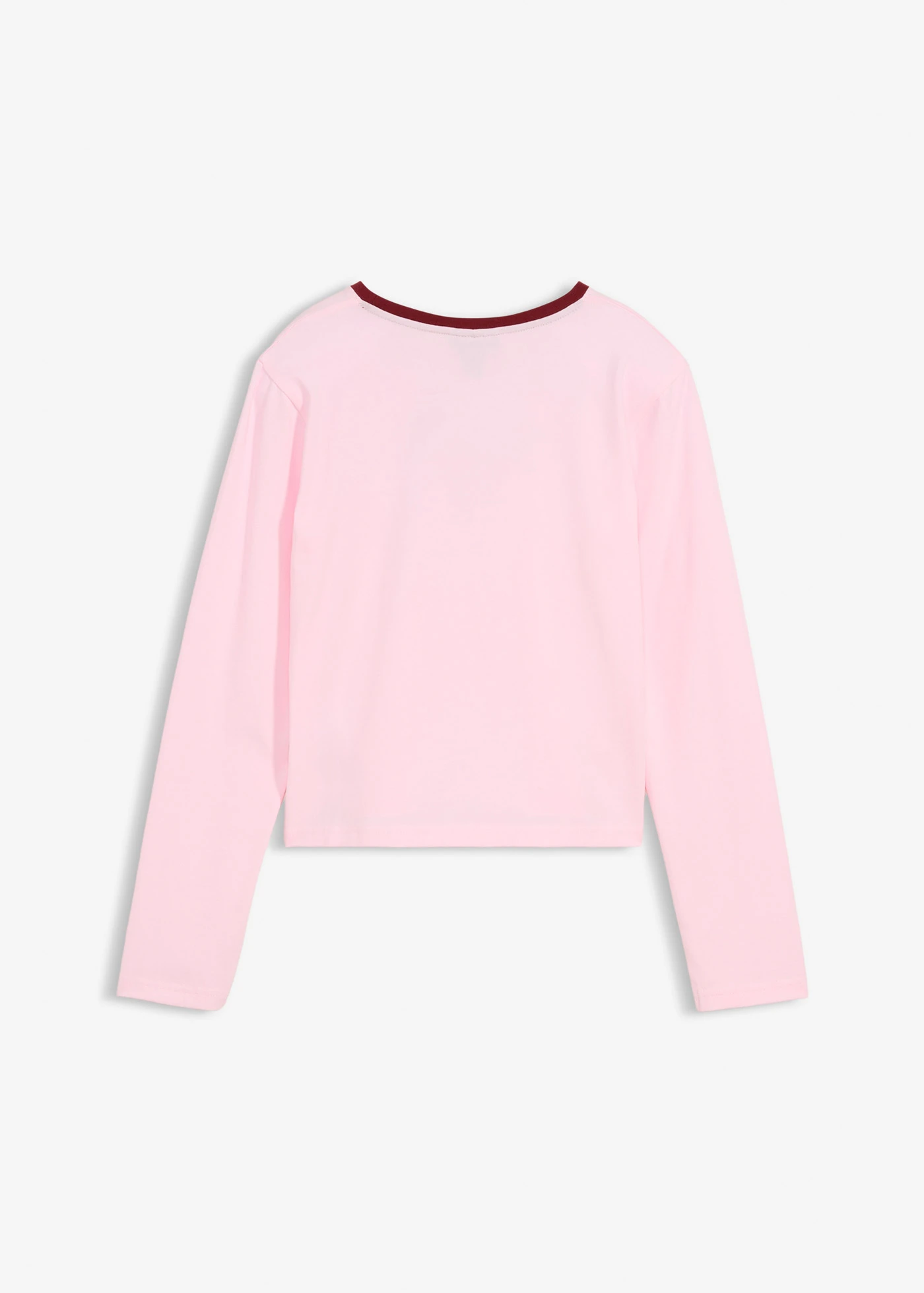 T-shirt manches longues court en coton extensible • rose cristal-rouge rubis imprimé • Boutique bonprix