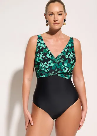 Maillot 1 pièce sculptant effet croisé, maintien modéré, Couleur: noir/vert floral