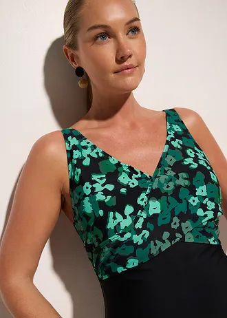Maillot 1 pièce sculptant effet croisé, maintien modéré • noir/vert floral • Boutique bonprix