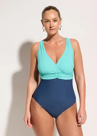 Stahovací jednodílné plavky s výstřihem do V, lehký tvarující efekt • hlubinná modro-světlá aqua • bonprix obchod