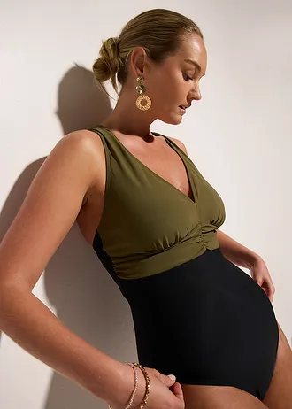 Maillot 1 pièce sculptant, maintien léger, encolure V • noir/olive foncé • Boutique bonprix
