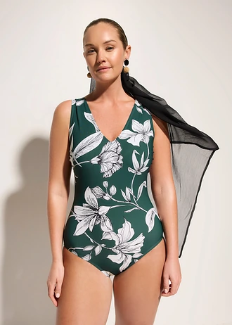 Costum de baie cu efect de modelare ușor, cu bretele late • verde profund înflorat • magazin bonprix