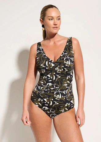 Alakformáló fürdőruha közepes formáló hatással és V-nyakkivágással • gyapjúfehér-fekete-olívazöld virágmintás • bonprix áruház