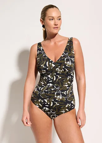 Maillot 1 pièce sculptant à col en V, maintien modéré, Couleur: écru-noir-olive floral