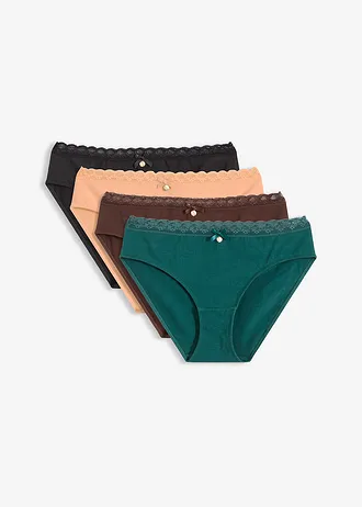 Lot de 4 slips avec dentelle, Couleur: noir + marron + vert pétrole + orange papaye