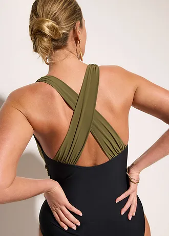 Kostium kąpielowy shape, lekki stopień modelowania sylwetki, z dekoltem w serek • czarno-ciemnooliwkowy • sklep bonprix